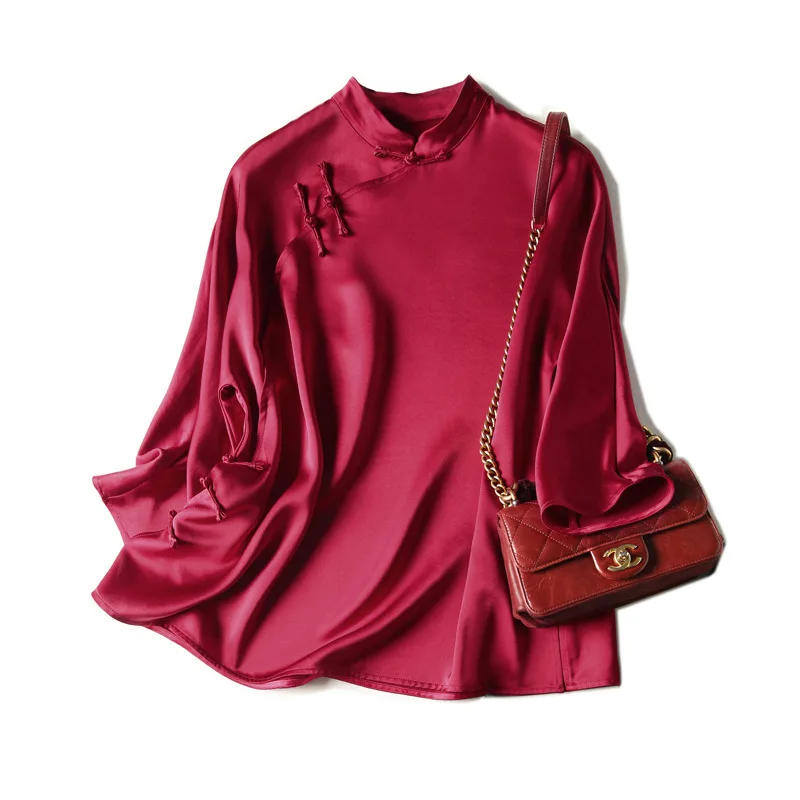 Оригинальная Свободная Женская рубашка с пуговицами в китайском стиле Cheongsam, улучшенная ретро рубашка со стоячим воротником, розовый и красный цвета - Цвет: Красный