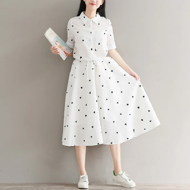 Женское длинное платье на лето,женственное платье в мелкие сердечки,нежное элегантное платье японского стиля"Mori Girl",с коротким рукавом и карманами,белого цвета