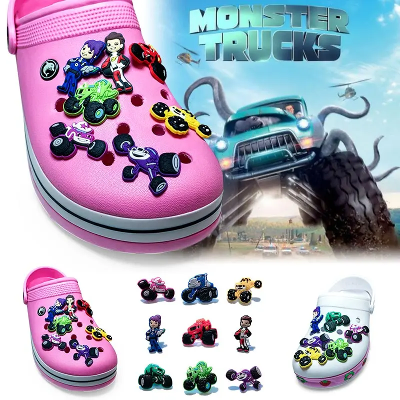 

1PCS Monster Truck Racing Hot Cartoon PVC Shoe Charms for Wristbands Croc Decoractions for Shoe Bracelets with holes Kids Gifts