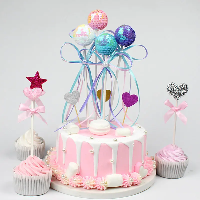 Glitter Sequins Lollipops Bow Happy Birthday Cake Topper