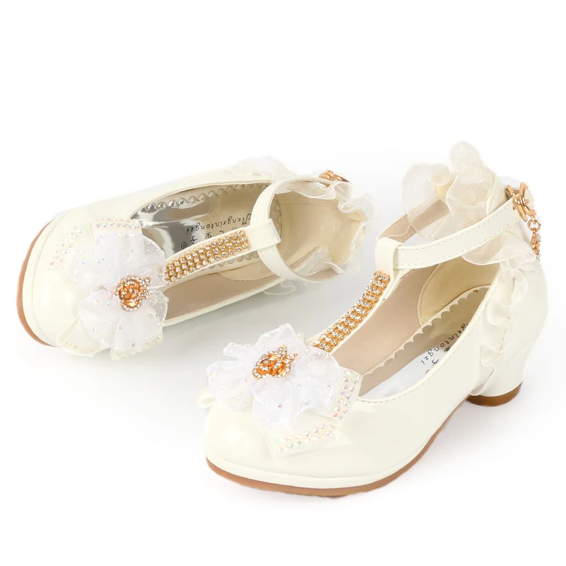 ULKNN Girls Sandals high heel pink leather Buckle Strap children's Gladiator Bowtie White Shoes size 26-37 soft Kid shoes enfant