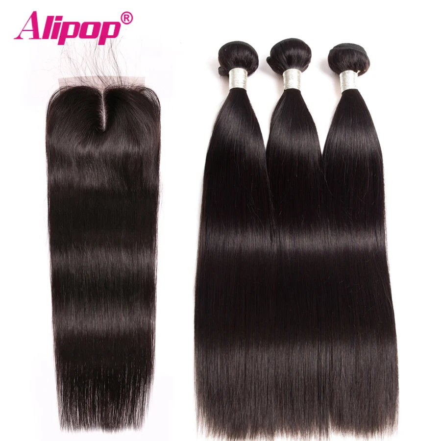 

Indian Straight Hair Bundles 3 Bundles With Closure Human Hair Bundles With Closure Alipop 4"x4" Top Lace Closure Remy