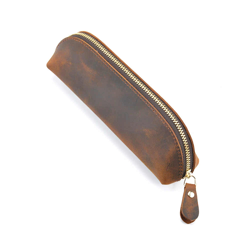 Moterm Handmade Genuine Leather Zipper Pen Pencil Bag Vintage Retro Style Creative School Stationary Accessories Free shipping - Цвет: A Brown