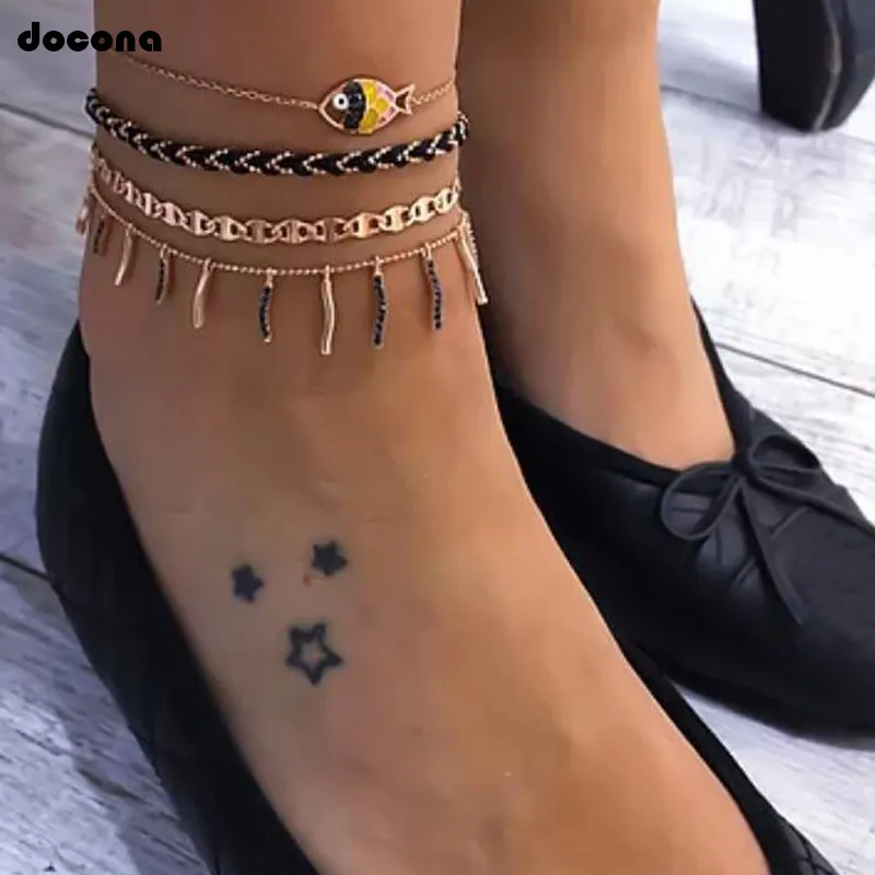 

docona Colorful Fish Crystal Tassel Knitting Multi Layer Anklet for Women Geometric Charms Pendant Anklets Foot Jewelry 8100