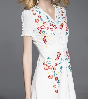 

Heavy Embroidery Women White Dress Fashion V-Neck Short Sleeve Casual Dresses E5402