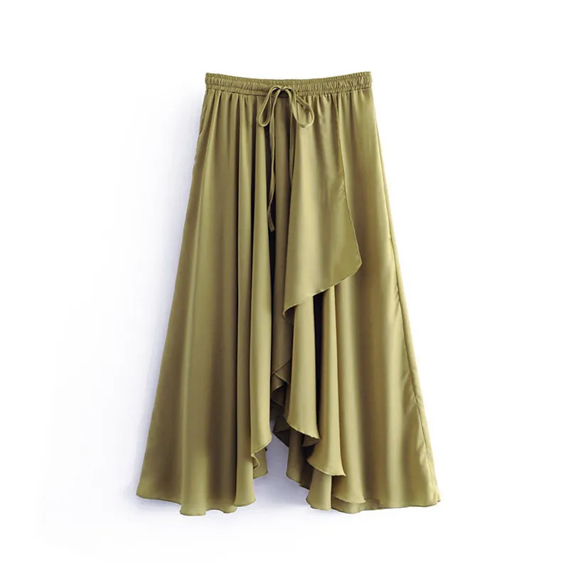 

Women style asymmetrical army green skirt faldas mujer irregular style drawstring elastic waist stylish skirts