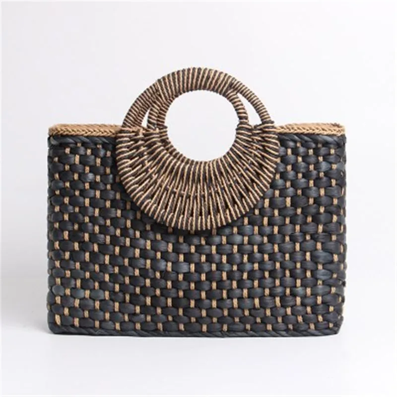 

Handmade handle hollowwork straw bag paper rope grid without lining woven beach bag and purses straw toteBohemia Beach Bag