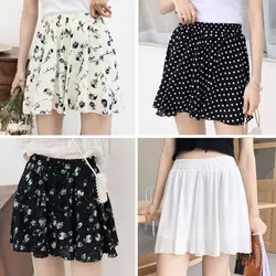 Летние женские шифоновые короткие широкие короткие шорты для женщин, черные, бежевые, белые штаны с цветочным принтом, юбка-брюки, Прямая