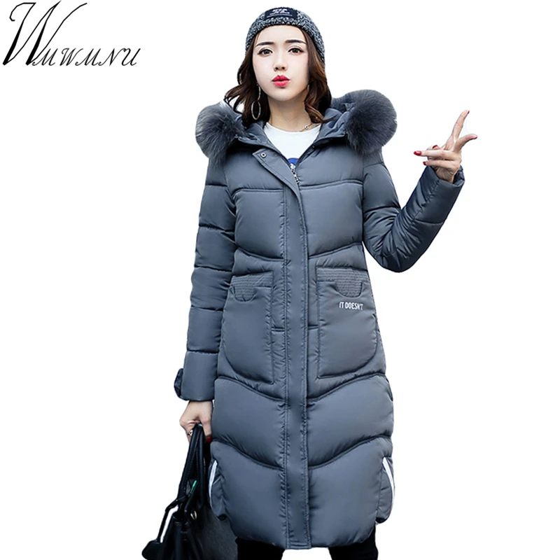 

Wmwmnu 2017 warm coat long fashion hooded Women Winter Coat Jacket thicken fur collar slim long woman casual cotton coats 080