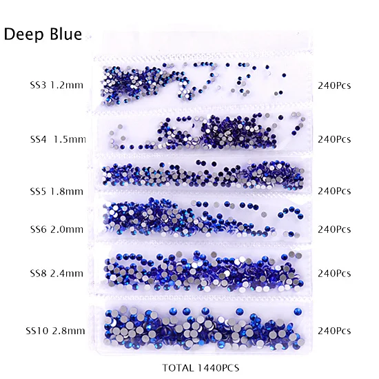 1440 шт Стразы для дизайна ногтей, 6 размеров, ss3-ss10, плоская задняя часть, пламя AB, стекло, алмазный камень, 3D Шарм, сделай сам, украшение для дизайна ногтей TR025 - Цвет: Deep Blue