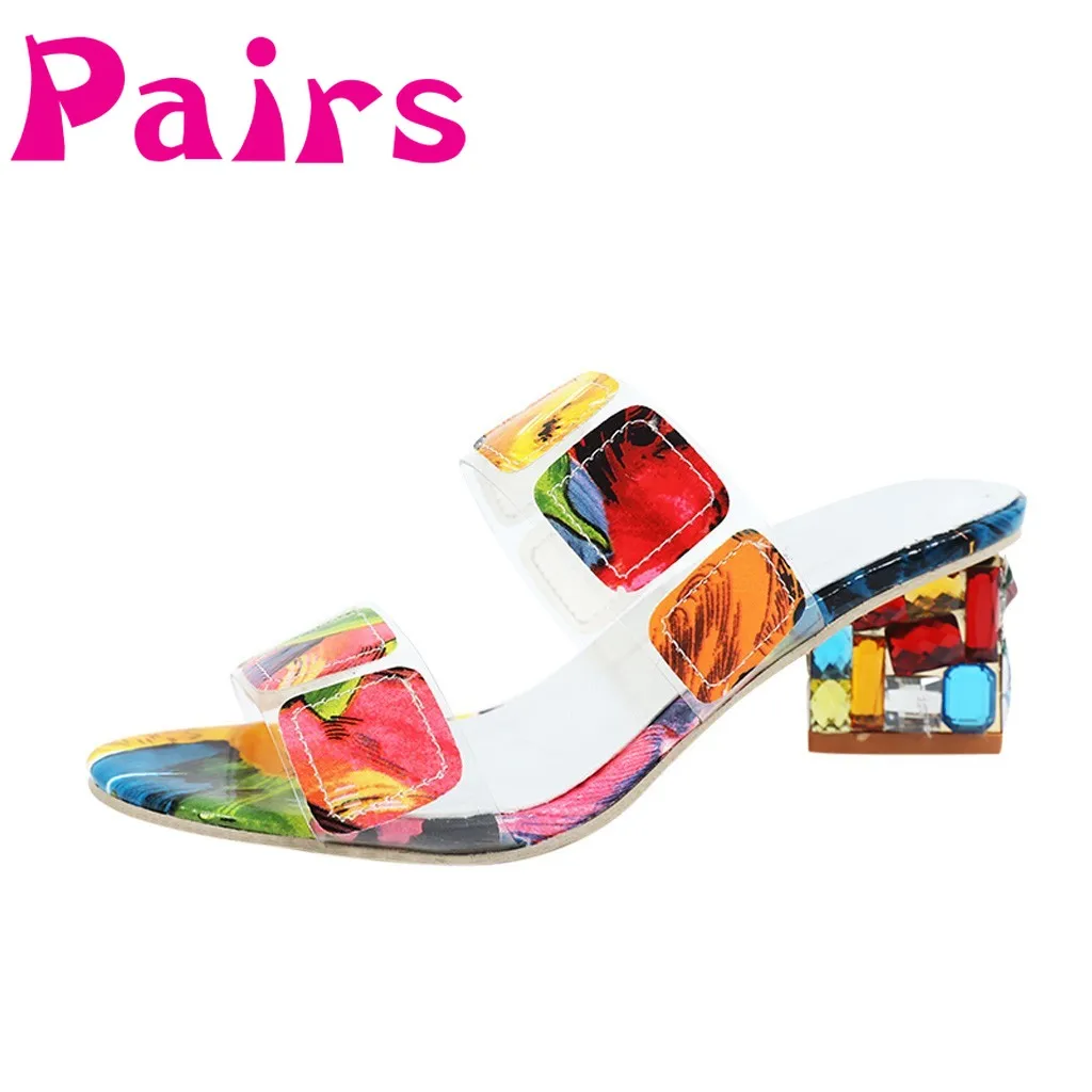 

2019 Fashion Slippers Female Summer Rhinestone Thick With A Word Drag Color With Indoor Outdoor Casual Sandals Chanclas Mujer 30