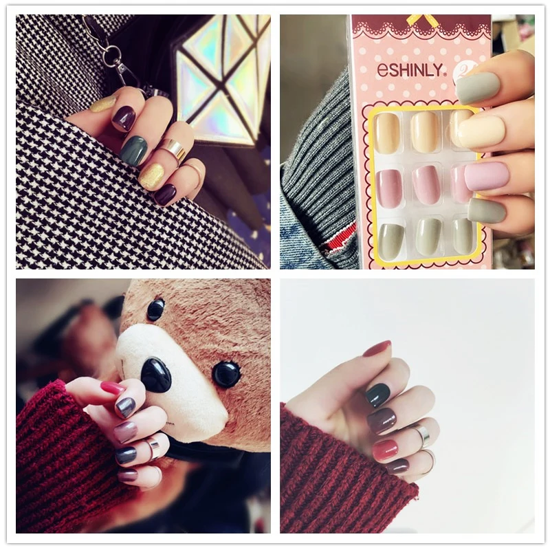 

24pcs Fake Nails Solid Color Artificial French Multiple Colors Pointed False Nails Tips Finished Nail Art with Glue Sticker