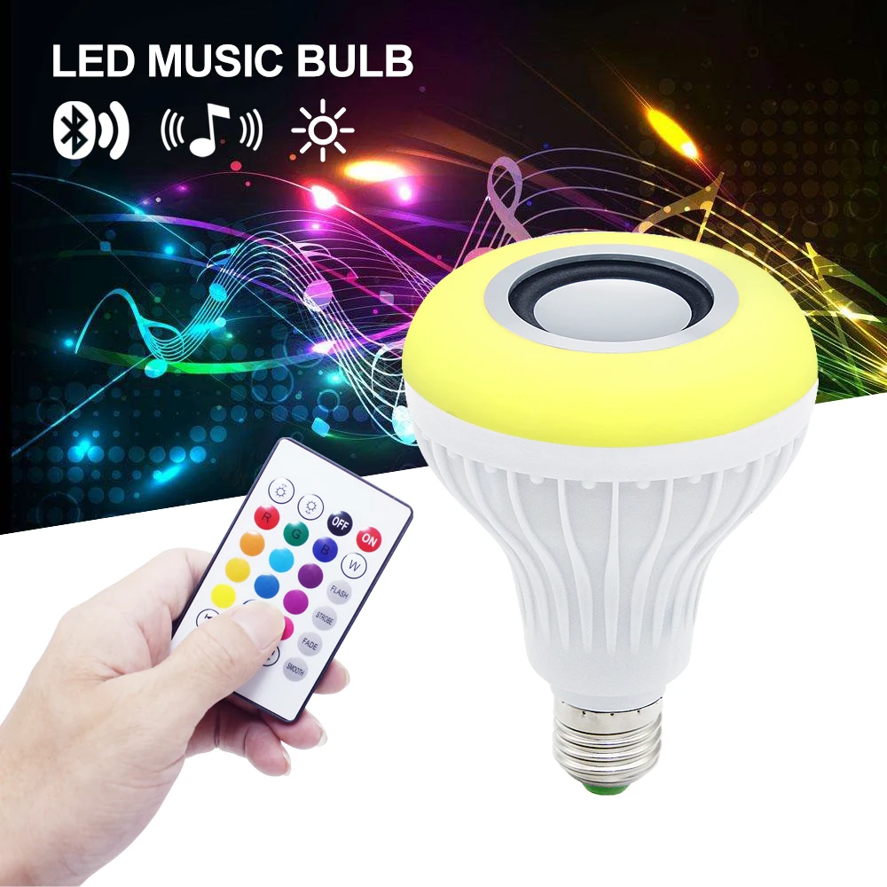 

E27 12W Wireless Bluetooth Speaker Music Playing RGB LED Bulb AC 110V 220V Dimmable RGBW LED Lamp with 24 Keys Remote