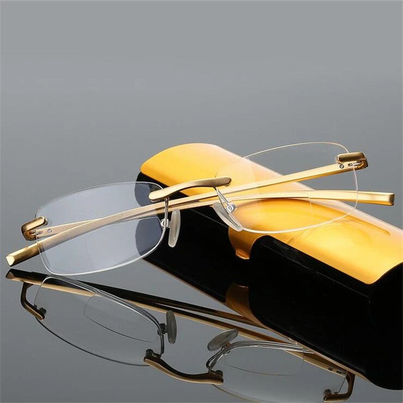 

Aluminum Magnesium Reading Glasses Men Multifocal Glasses Women Near Far Sight Frameless Eyeglasses Magnifier