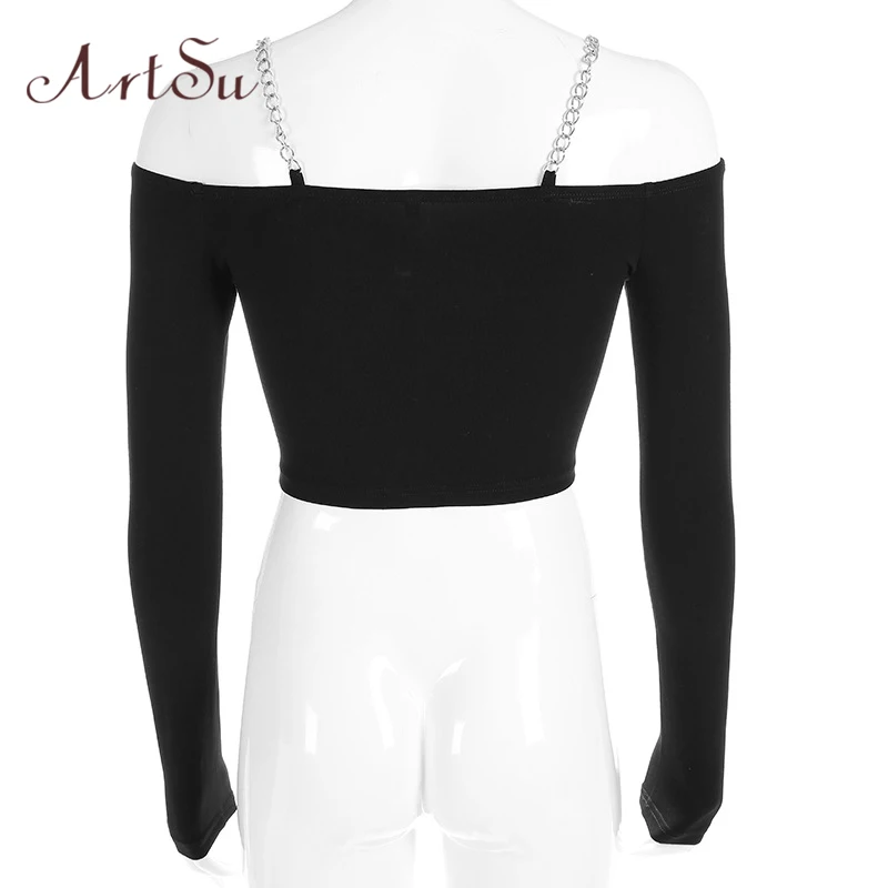 ArtSu Fashion Chain Off the Shoulder Tops for Women Black Long Sleeve Crop Top T-shirt Femme Basic Shirt Streetwear ASTS20611