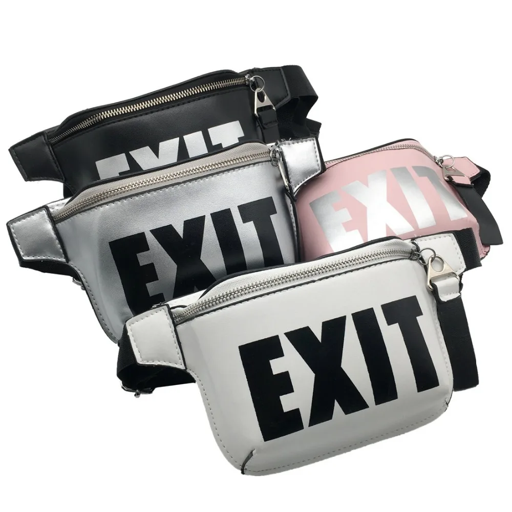 

2018 Fashion PU Leather Waist Bag Women Fanny Packs Letter EXIT Waist Packs Belt Bag Female Chest Handbag Drop ship Black Pink