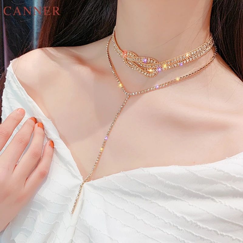 Korean Style Crystal Rhinestone Choker Necklace Women Silver Gold Chains Long Tassel Necklaces Statement Jewelry collier C4