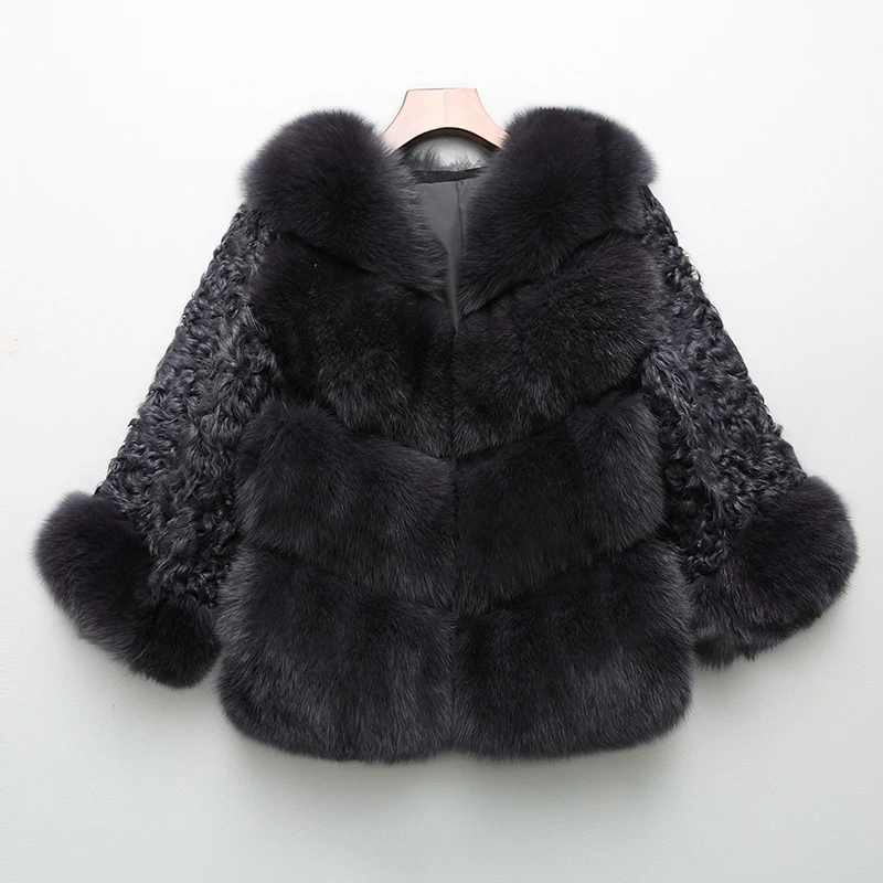 Black Femmes Veste D'hiver dark Trois Trimestre Avec Arrivée Manteau 2018 Renard Rf0140 De Nouveau Manches grey Véritable Fourrure Grey camel Agneau WFSISqa