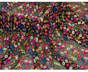 

off white heavy embroidered lace fabric, black lace fabric with multi color florals colorful flowers by the yard