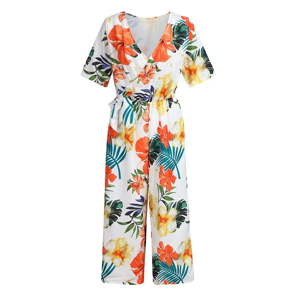 

New women's Jumpsuit vadim Summer Chiffon Rompers suit Bandage Lace Up Flower Print Cropped Pants Women Ladies V-Neck
