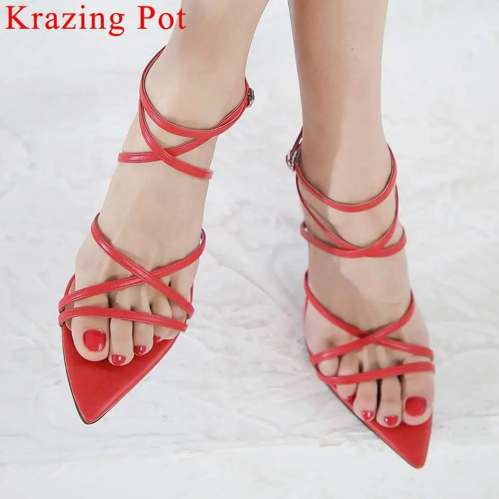 

Large size original design stiletto 9cm heels peep pointed toe women sandals buckle strap natural leather sexy girls shoes L85