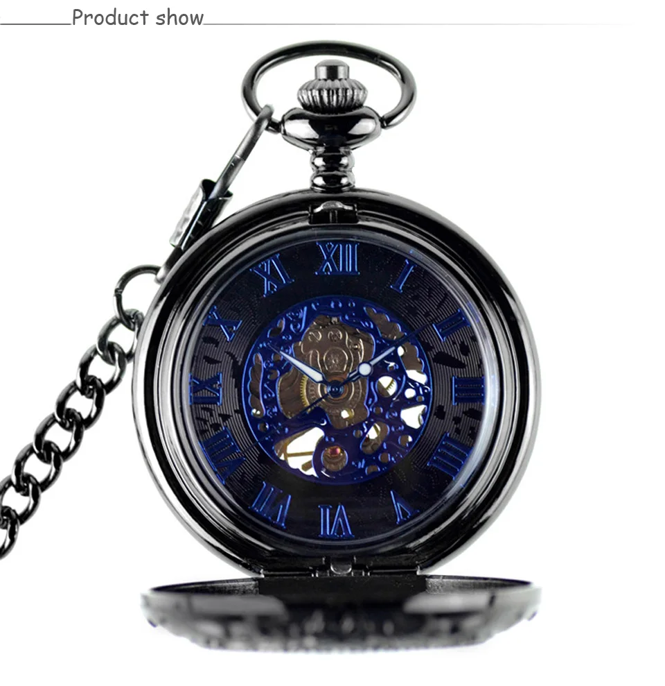 Мода 2017 г. стимпанк карманные часы woonu Элитный бренд мужские черные Скелет Механический ручной взвод карман fob Часы с цепочкой