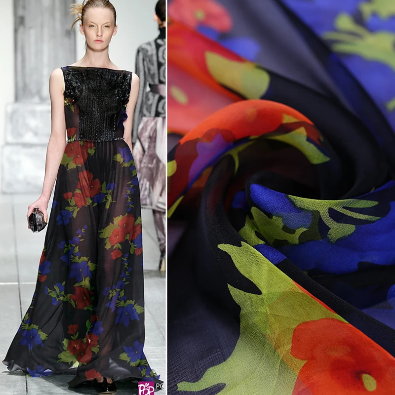 

Digital printed pure silk chiffon fabric soft transparent tulle fabric thin beach dress pure silk fabric wholesale silk cloth