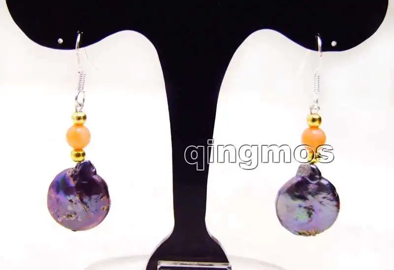 

12-13mm Black Coin Round Natural Freshwater Pearl and 5-6mm Pink Coral dangle Earring-ear468 wholesale/retail Free ship