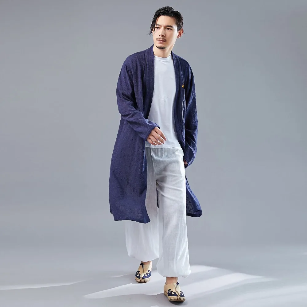 LZJN 2019 Casual Long Sleeve Shirt Summer Men's Vintage Embroidery Kimono Cardigan Cotton Linen Cloak Poncho Open Front Coat (13)