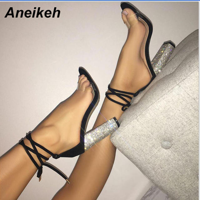 Aneikeh Women High Heels Sandals Summer Square Heels Crystal Heeled Platform Shoes Ladies Sexy Party Wedding Lace Up Shoes