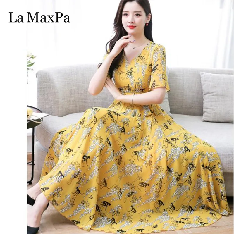 

La MaxPa Bohemian beach dress V Neck Print large size dresses 2019 New Arrival Casual plus size maxi Dress ropa de mujer