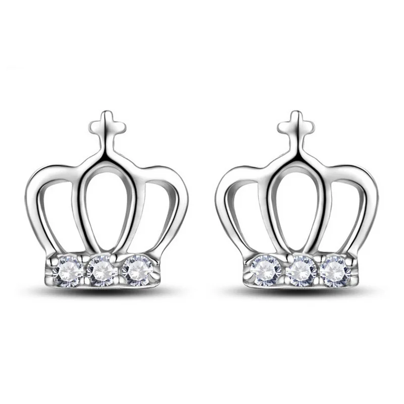 

100% 925 sterling silver fashion shiny crystal crown ladies`stud earrings jewelry women Anti allergy Christmas gift cheap