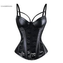 Charmian Women’s Sexy Steampunk Gothic Corset Faux Leather Foral Lace Corset Black Plus Size Overbust Corsets and Bustiers