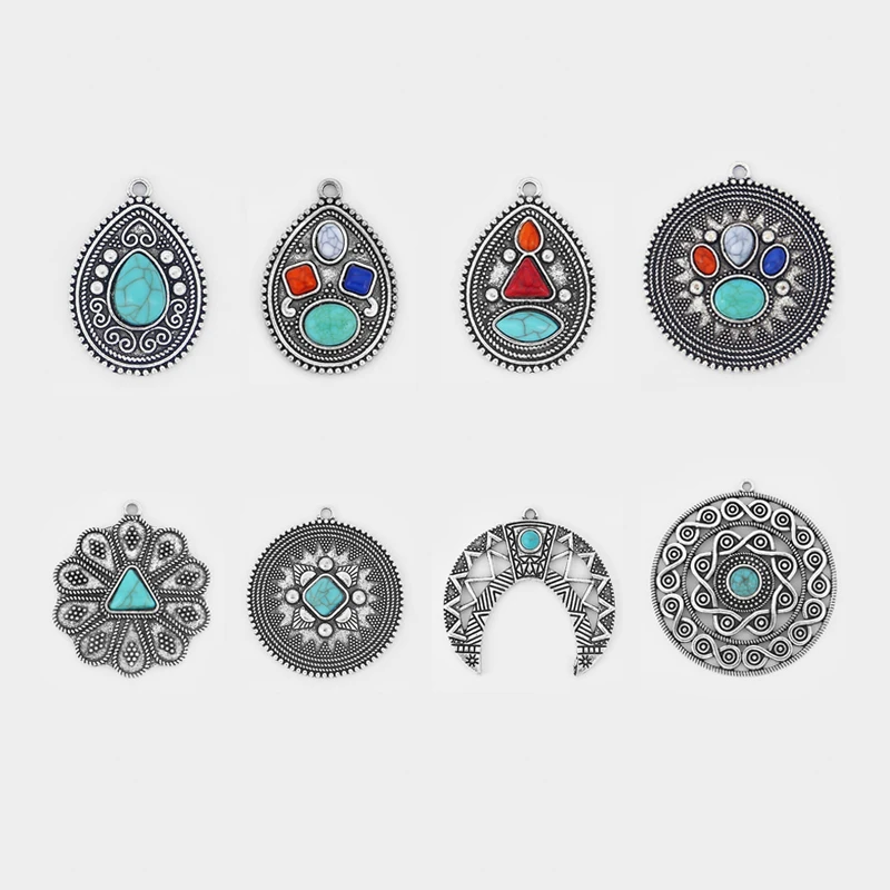 

2pcs Tibetan Silver Embossed Flower Inlay Water Drop Jewelry Necklace Pendant For Diy Jewelry Making Findings Material