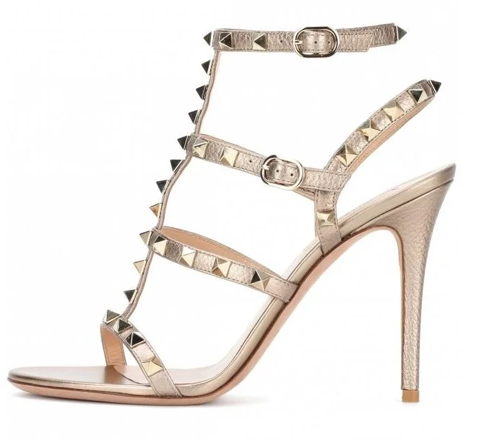 Gold Champagne Leather Rivets T bar Sandals Cut out Cross Straps ...