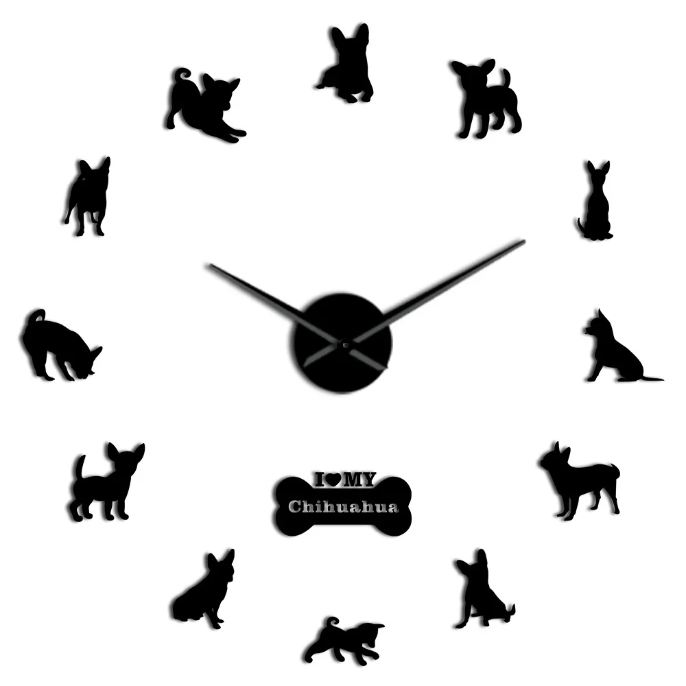 Чихуахуа 3D сделай сам немой Акриловые настенные часы щенка пород собак Настенный декор часы Мопс животные самоклеющиеся креативное шоу - Цвет: Black
