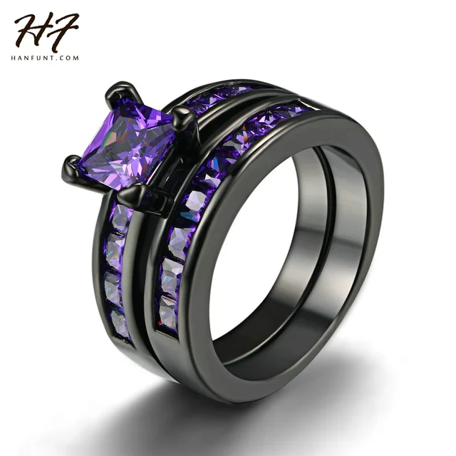 New Vintage Two Band Black Gold Wedding Ring Sets For Women Men New Vintage Two Band Black Gold Wedding Ring Sets For Women Men Princess Cut Purple Cubic