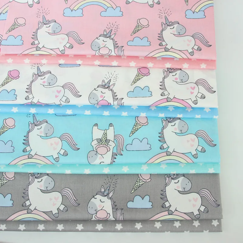 

SRaekar 160cm*50cm PINK WHITE GRAY AQUA rainbow cone unicorn stars fabric for DIY bedding cushion patchwork sewing tissus tilda