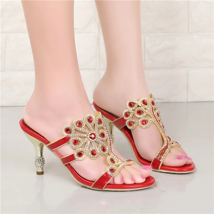 G-sparrow Summer Women Fashion High Heel Stiletto Slippers New Diamond Luxury Elegant Shoes Red Size 116