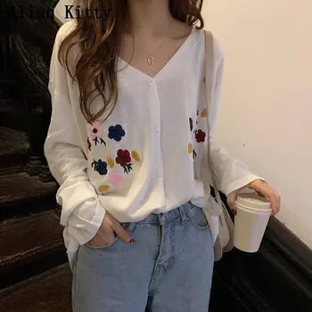 

Alien Kitty 2019 Spring Autumn Fresh Embroidery Floral Thin Knitted Single Breasted Simple Free Cardigans Sweaters 2 Colors