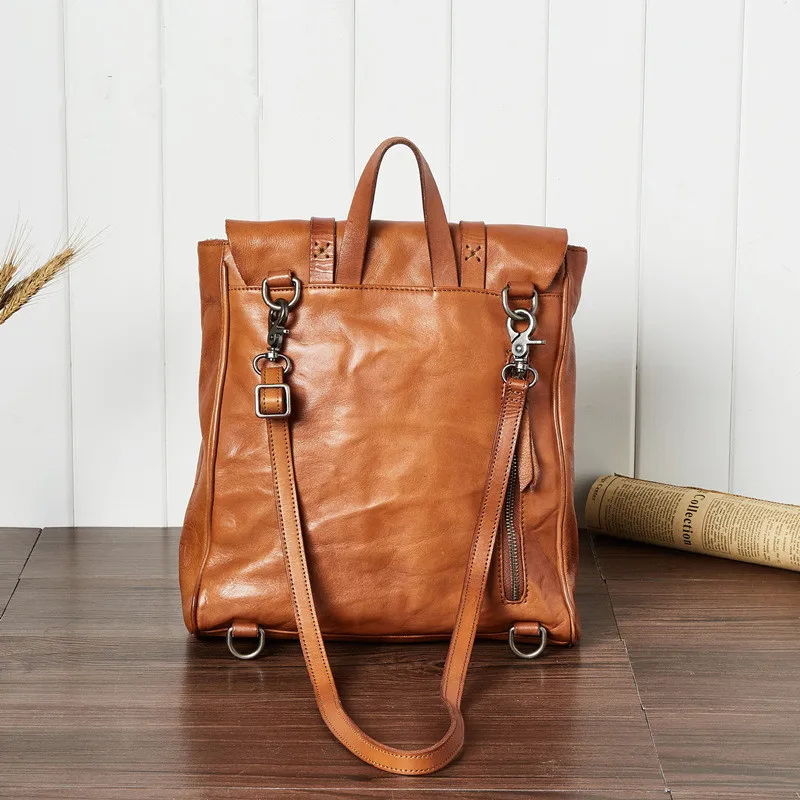 PNDME vintage casual first layer cowhide ladies backpack handmade soft genuine leather anti theft women's travel schoolbag