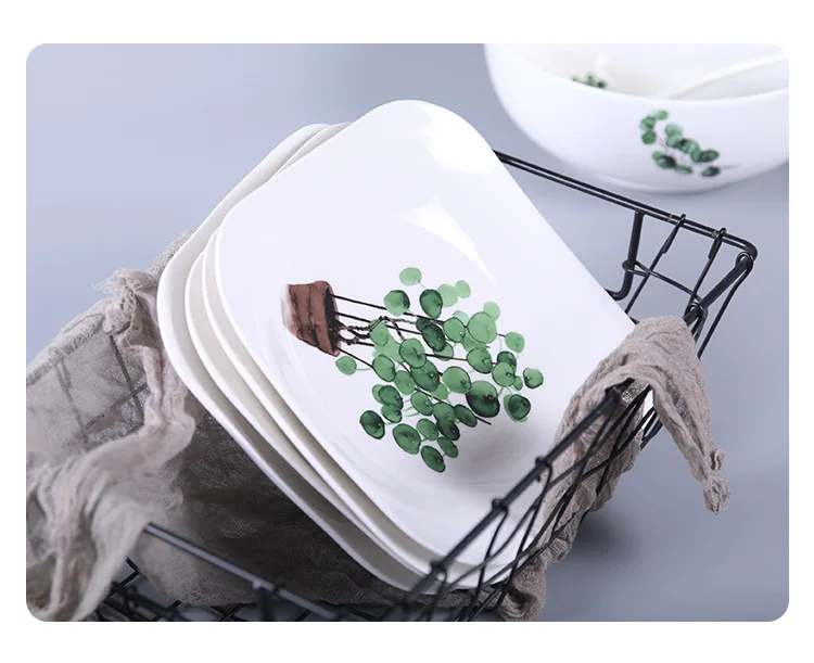 16 шт. Творческий красивый керамический набор посуды Китайский зеленый завод тарелка квадратная чаша ложка приправа блюдо комбинация