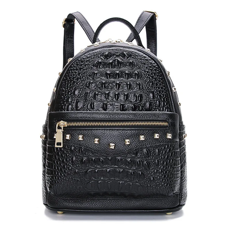 Aodux, женский рюкзак из натуральной воловьей кожи с крокодиловым узором, школьные сумки для покупок, вечерние женские рюкзаки - Цвет: Черный