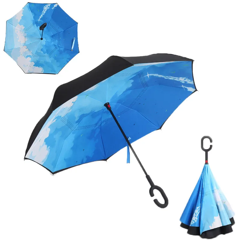 Yesello складной обратный зонтик двойной слой перевернутый ветрозащитный дождь автомобиля зонты для женщин мужчин - Цвет: City Sky