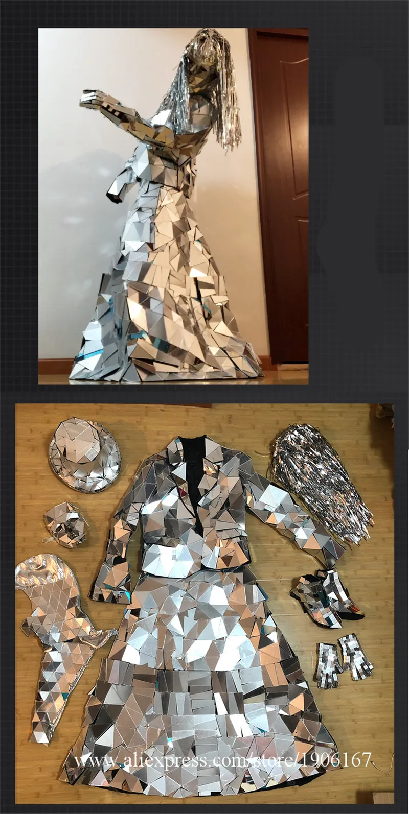 Hand sewing COS nightclub ds performance art set silver mirror face clothes irregular lens stitching dress8