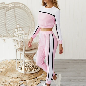 

Women Sprotswear Two Piece Set Outfits Sexy Patchwork Long Sleeve Crop Top + Bodycon Jogger Tracksuits Matching Black Pants Suit