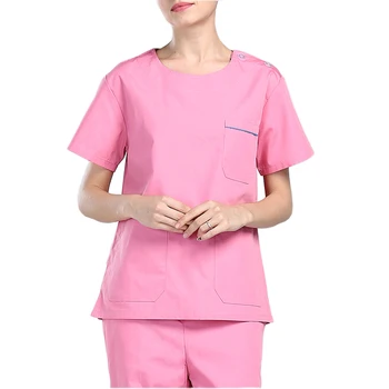 

Women's Summer Pink Open Shoulder Round Neck Medical Scrub Clothes Hospital Surgical Sets UniformsTwo-piece set