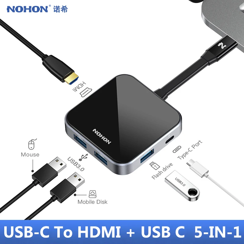 

NOHON Type C HUB USB 3.0 USB-C to HDMI HUB Adapter For MacBook Pro Huawei Mate 20 Pro PC USB Splitter 5 Port PD QC Dock Station