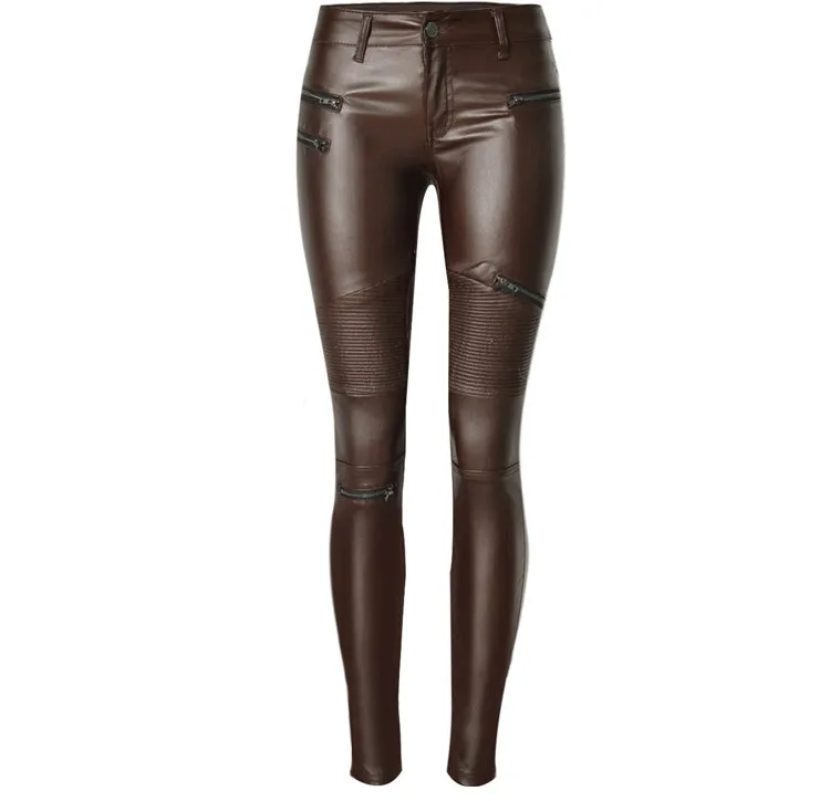 Женские брюки, покрытый кожей ПУ, высокая талия, растягивающиеся обтягивающие брюки, плиссированные, полноразмерные, сексуальные, летние, модные, женские брюки для прогулки - Цвет: Coffee