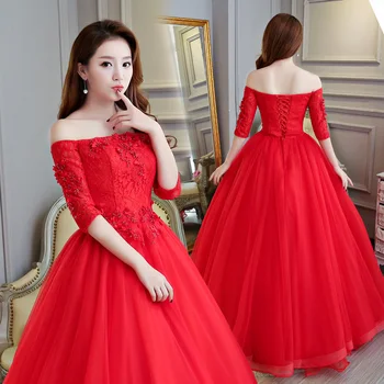 

2019 New Lace Quinceanera Dresses Banquet Elegant Red Boat Neck Appliques Floor-length Party Formal Gowns Robe De Soiree